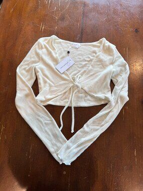 Lovers and Friends Cream Ribbed Tie Front Cropped Top Size S
